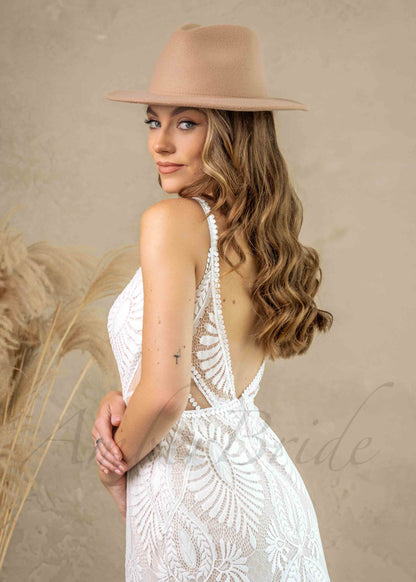 Boho Sheath Lace Wedding Dress with Backless Design and Spaghetti Straps