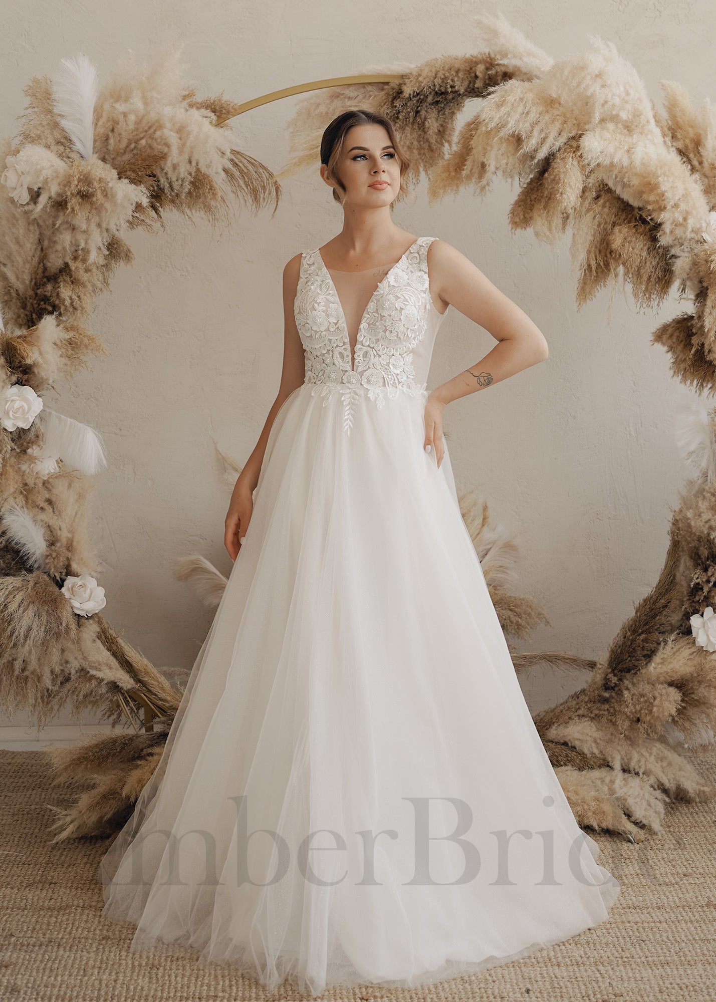 Boho A Line Tulle Wedding Dress with Open Back and Deep V-Neck