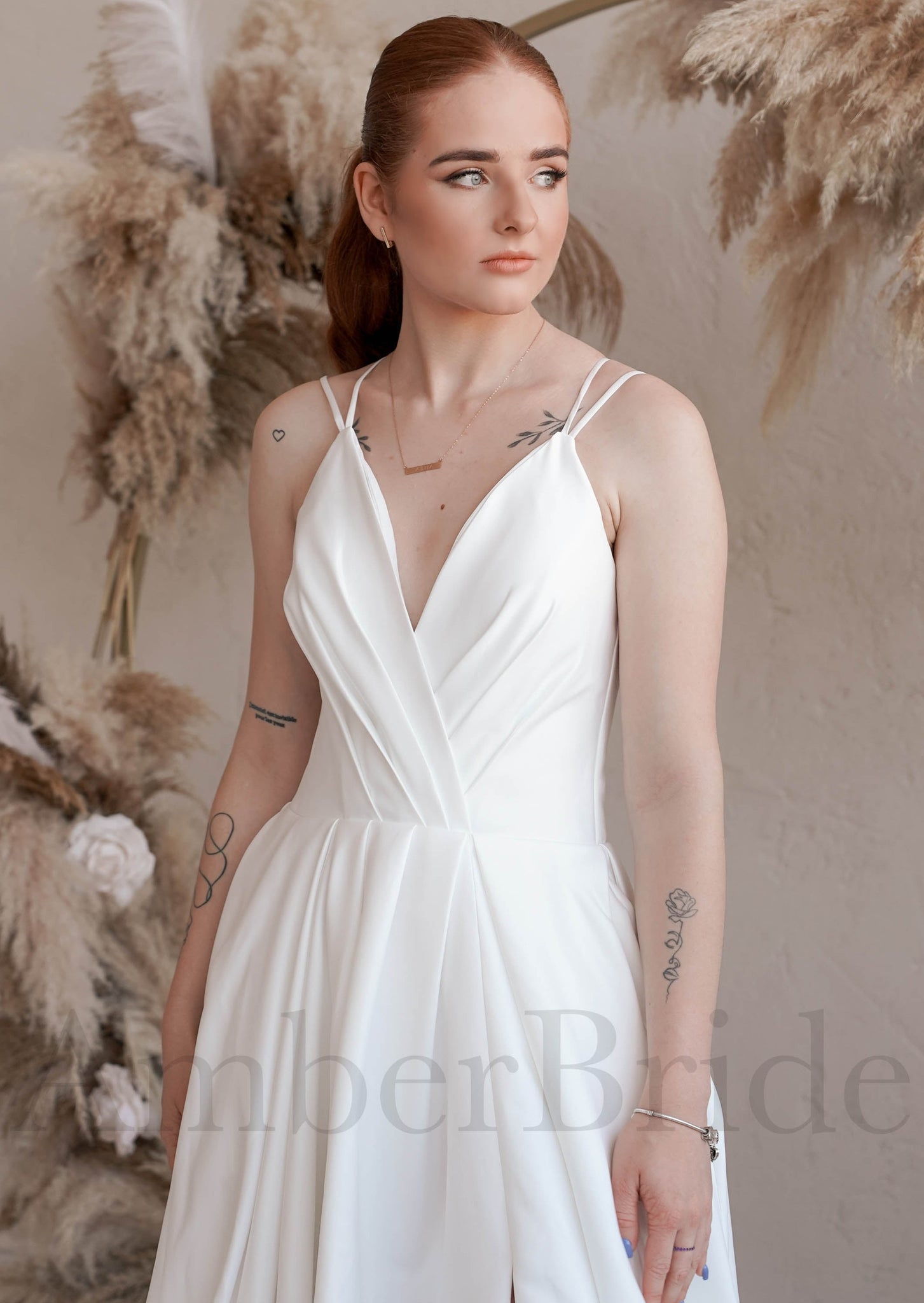 Simple A Line Satin Wedding Dress with Spaghetti Straps and V Neck