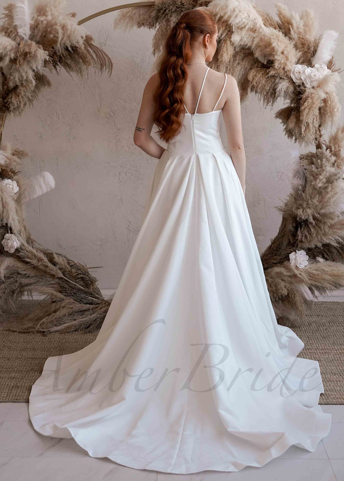 Simple A Line Satin Wedding Dress with Spaghetti Straps and V Neck