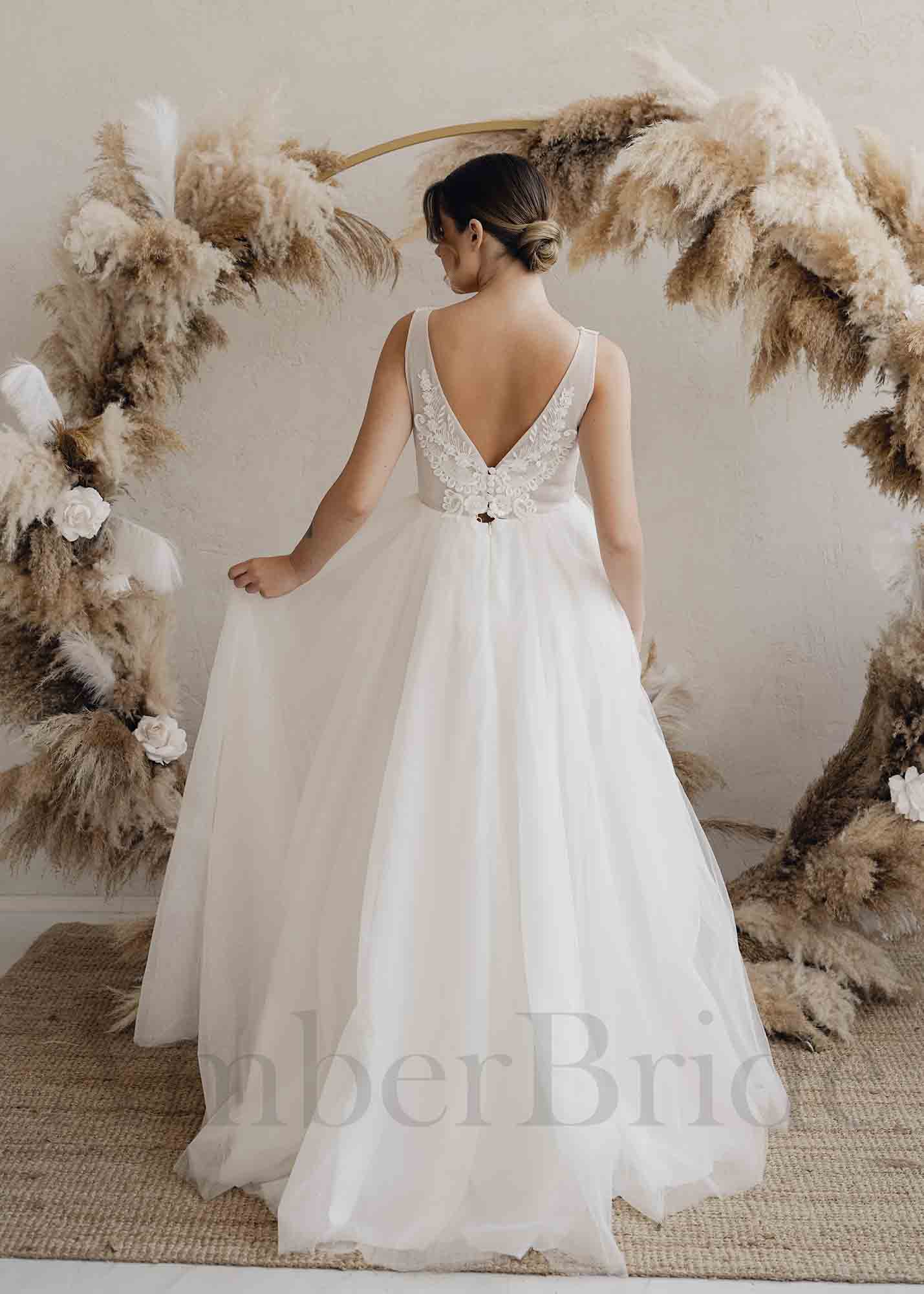 Boho A Line Tulle Wedding Dress with Open Back and Deep V-Neck