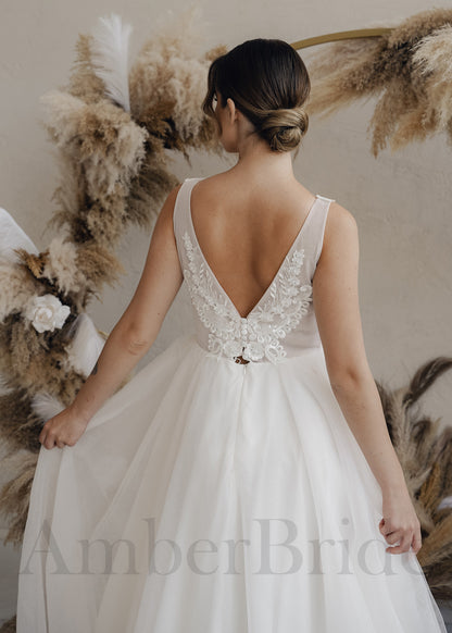 Boho A Line Tulle Wedding Dress with Open Back and Deep V-Neck