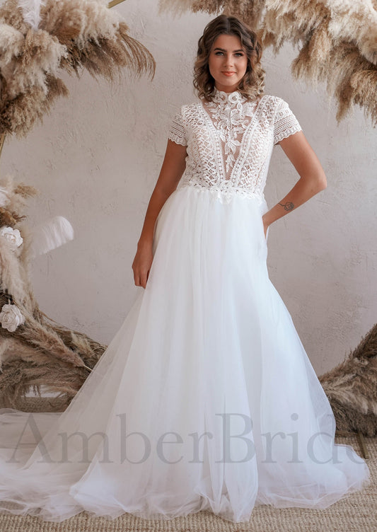 Boho A-Line Tulle Wedding Dress with Lace Top and Short Sleeves