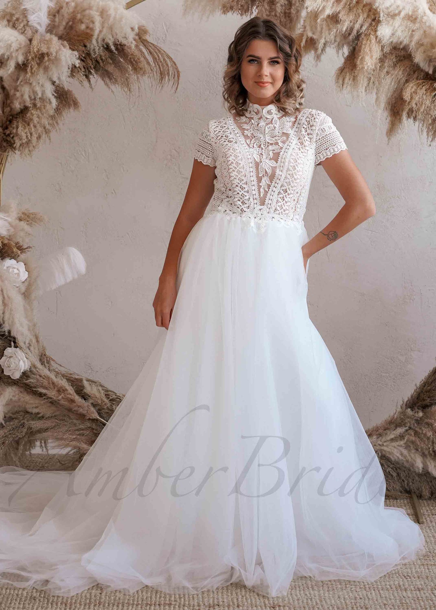 Boho A-Line Tulle Wedding Dress with Lace Top and Short Sleeves