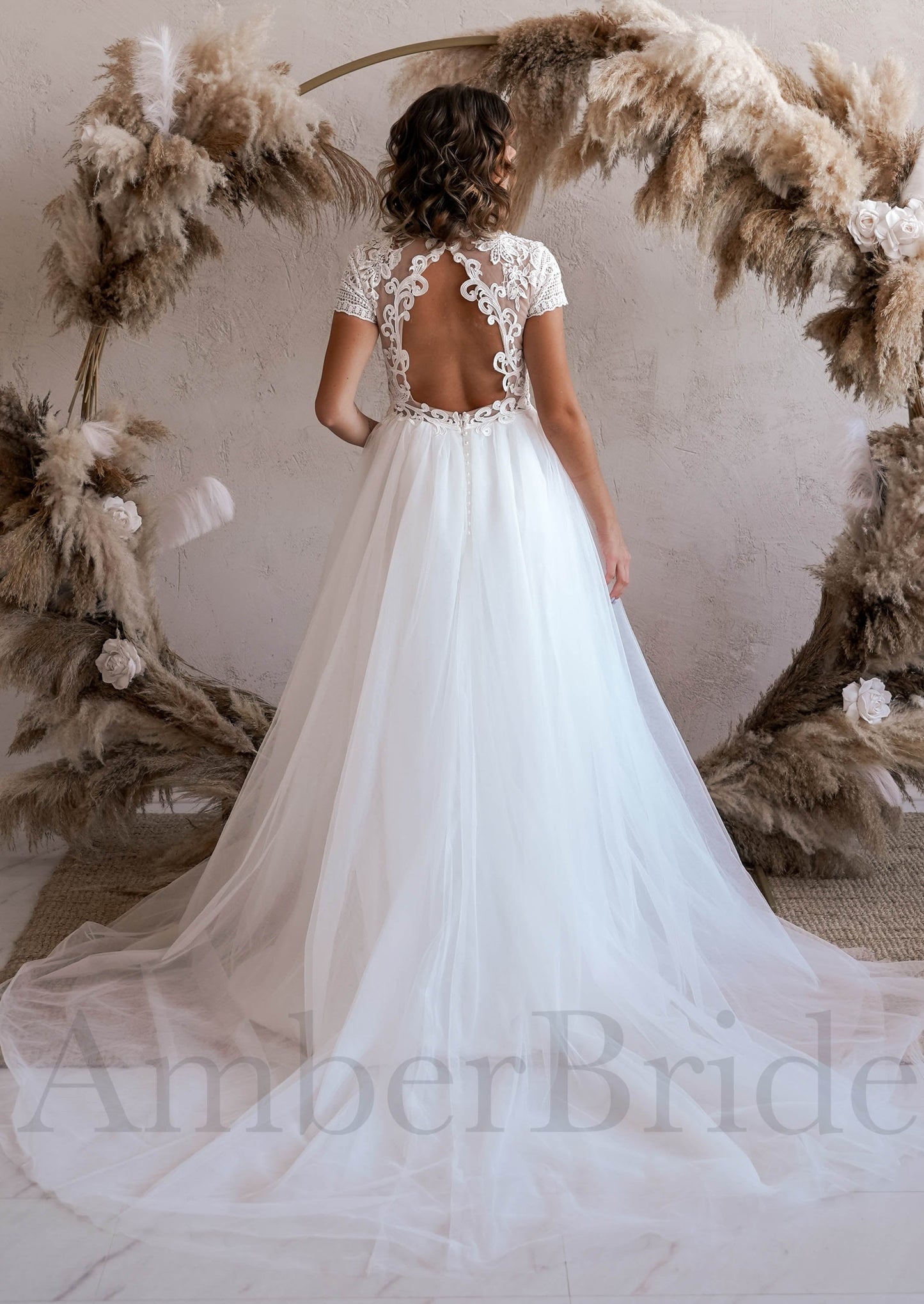 Boho A-Line Tulle Wedding Dress with Lace Top and Short Sleeves