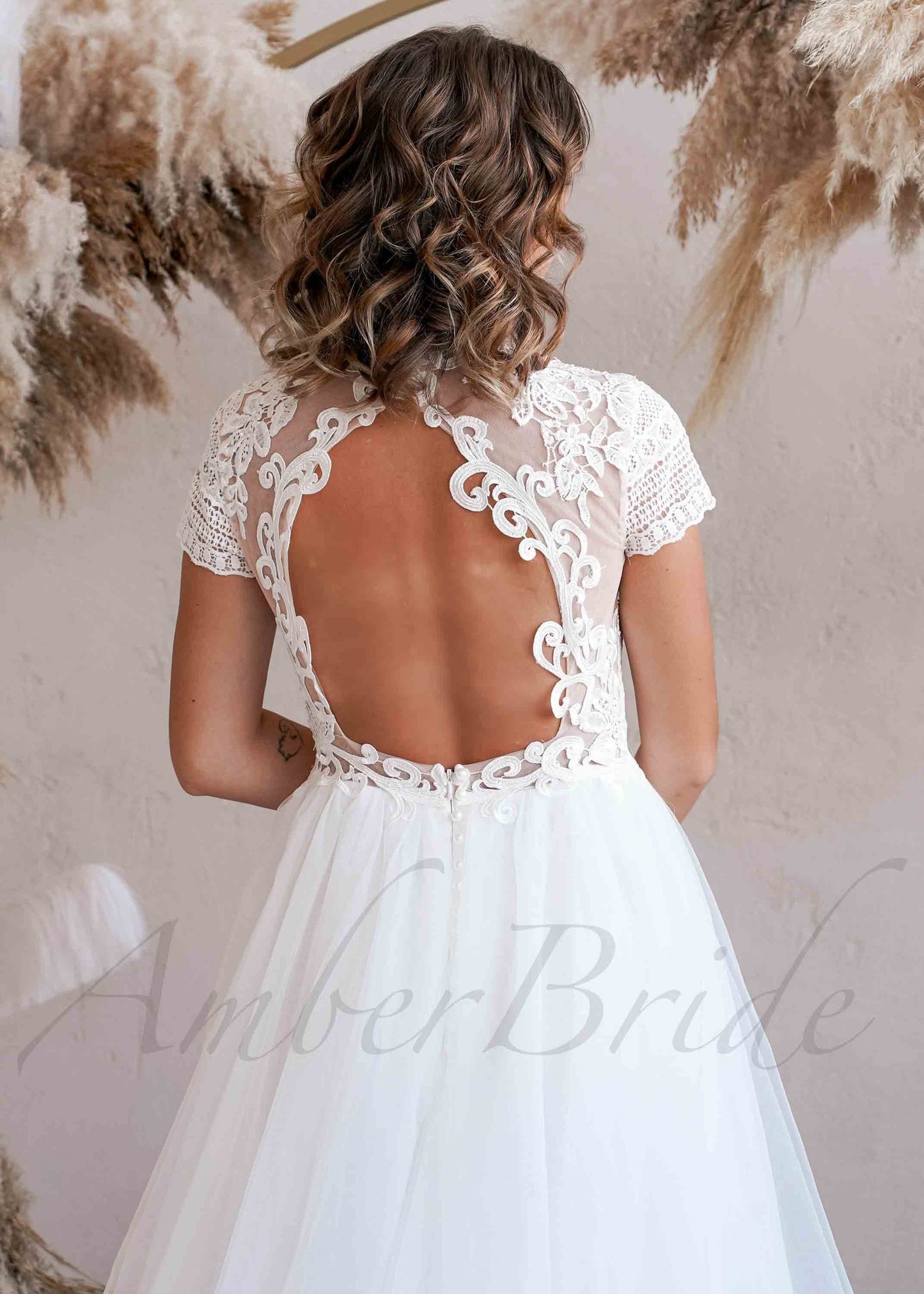 Boho A-Line Tulle Wedding Dress with Lace Top and Short Sleeves