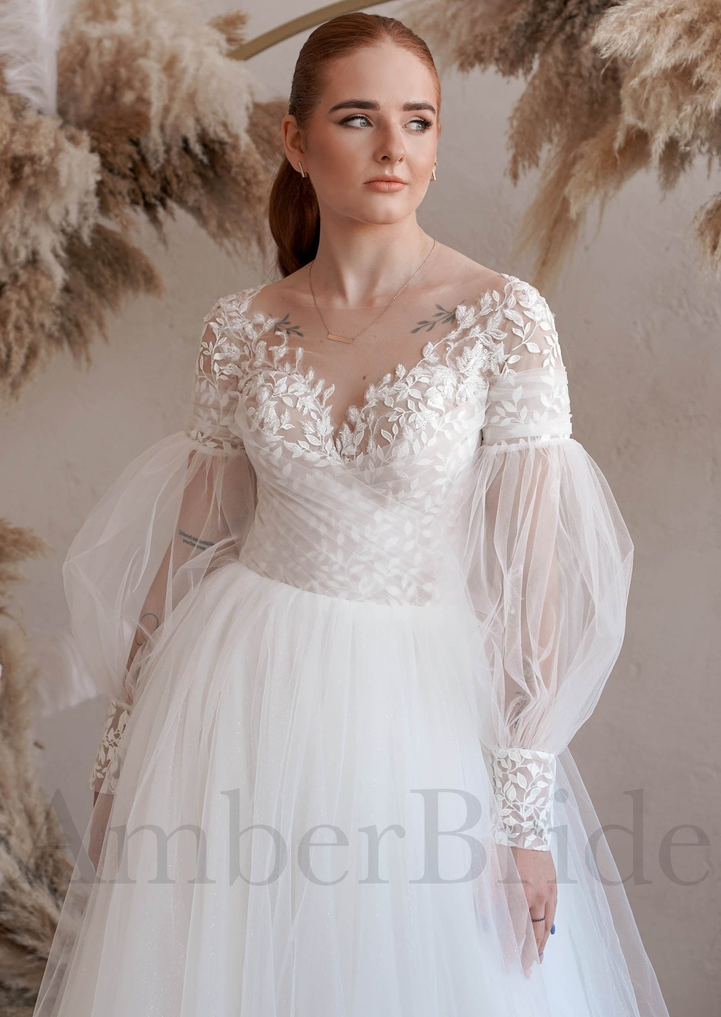 Rustic Floral Top Wedding Dress with Illusion Design and Long Puffy Sleeves