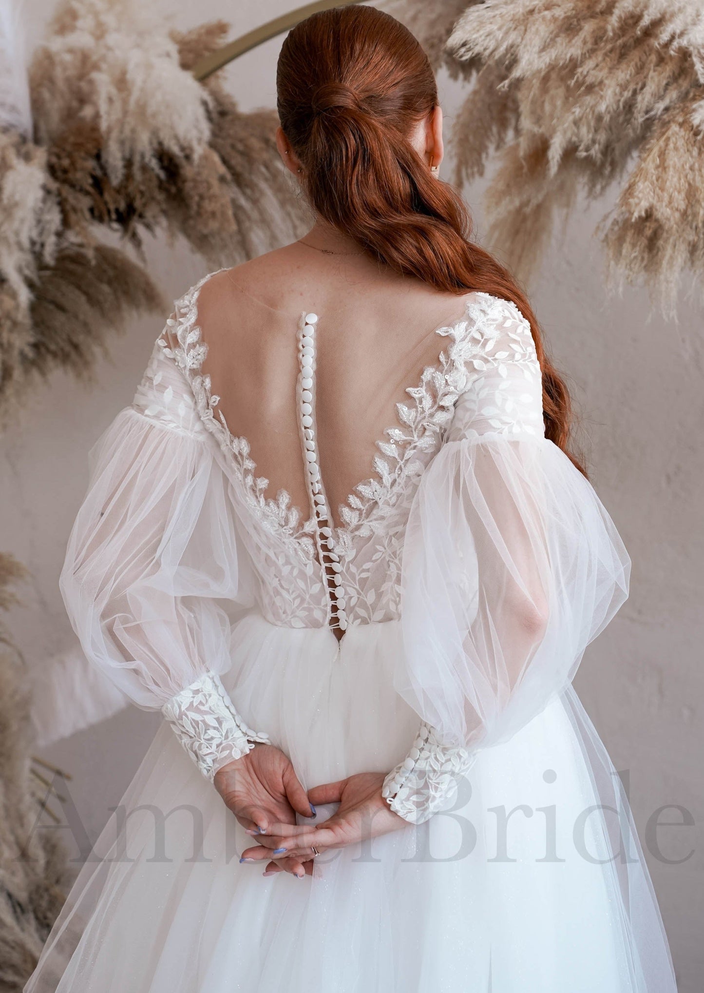 Rustic Floral Top Wedding Dress with Illusion Design and Long Puffy Sleeves