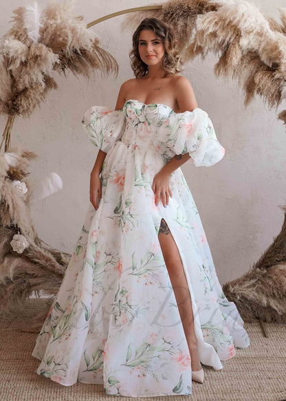 A-Line Organza Wedding Dress with Floral Paintings and Off-Shoulder Design