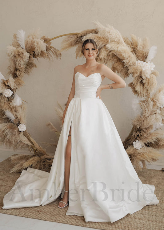 Strapless A Line Satin Wedding Dress with High Slit and Court Train