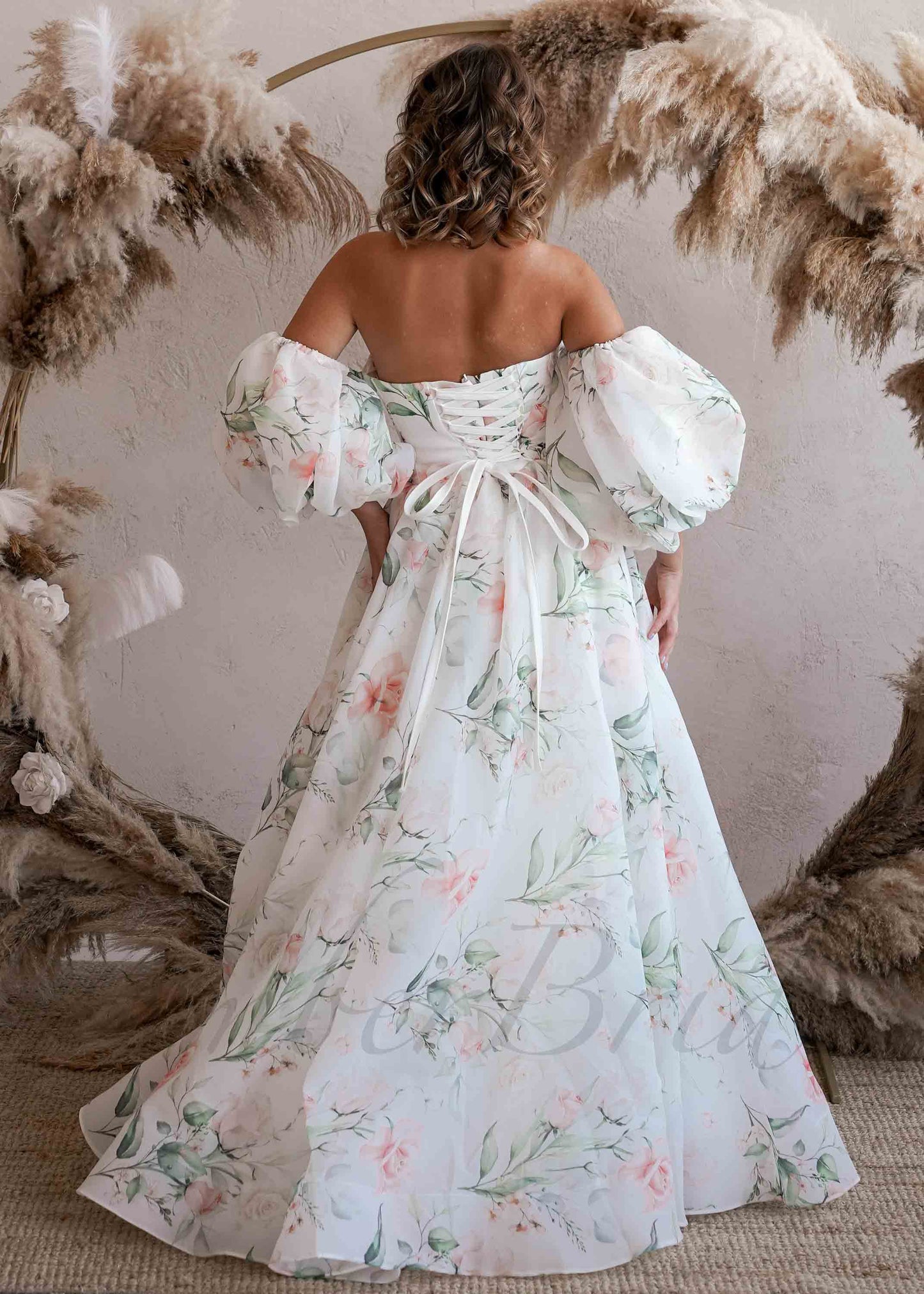 A-Line Organza Wedding Dress with Floral Paintings and Off-Shoulder Design