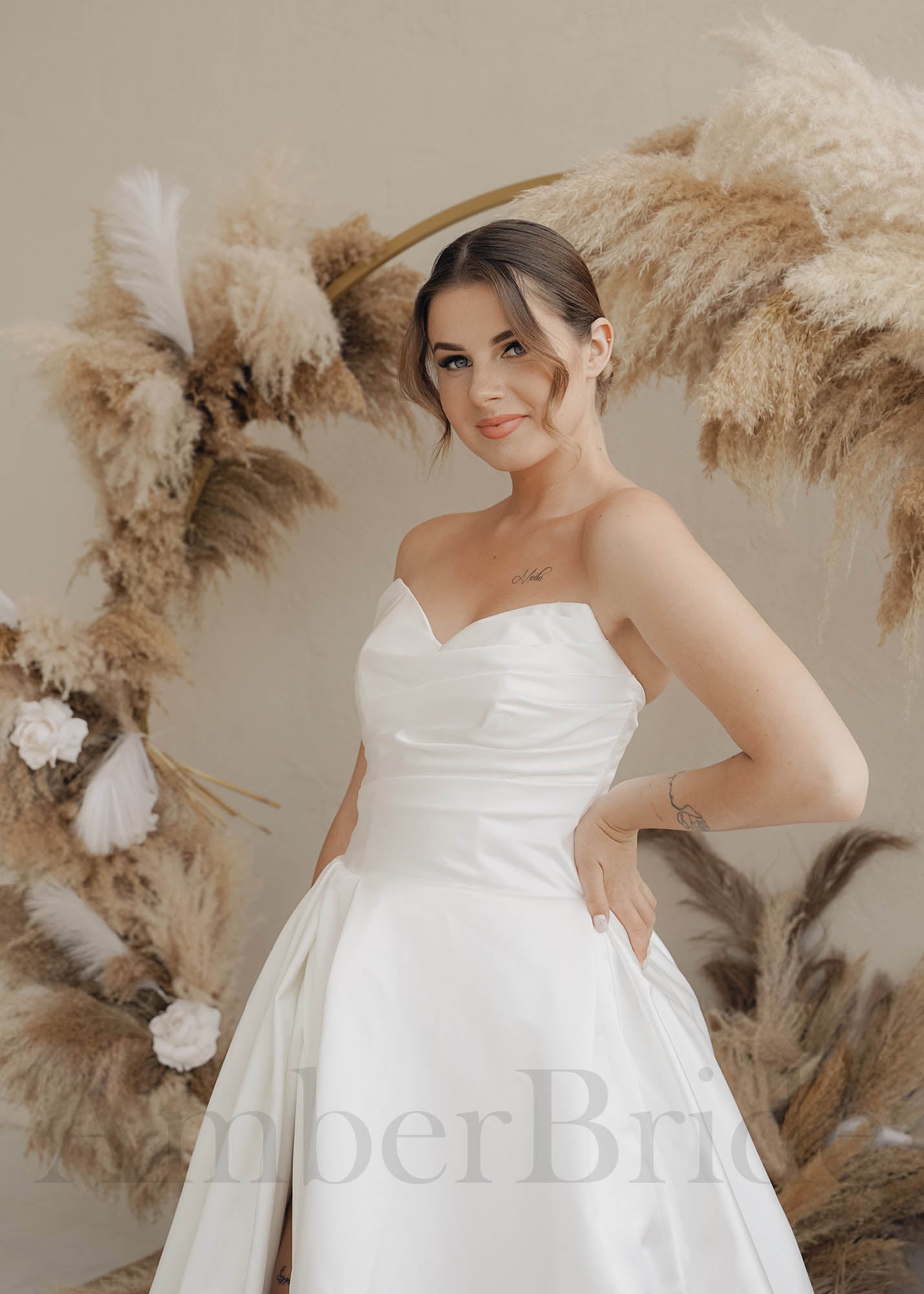 Strapless Satin A-Line Wedding Dress with High Slit | AmberBride Strapless Satin A-Line Wedding Dress with High Slit | AmberBride