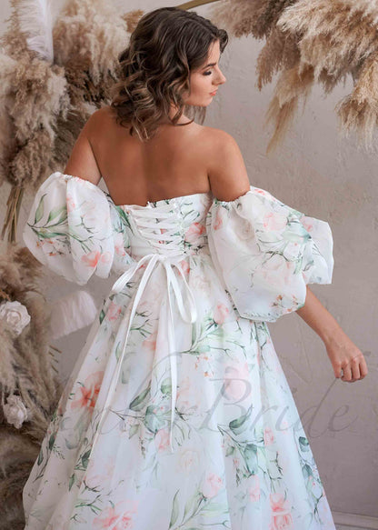 A-Line Organza Wedding Dress with Floral Paintings and Off-Shoulder Design