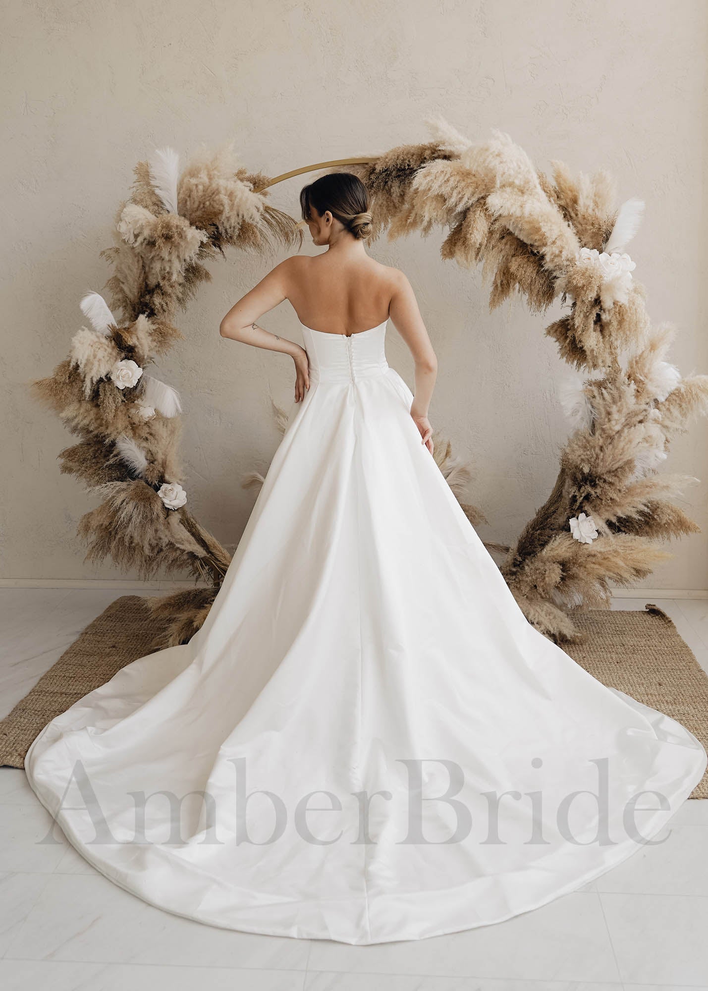 strapless wedding dress with slit Satin Ball Gown Beaded Simple Side Slit, MW928 in Size 0 White Satin Strapless Wedding Dress