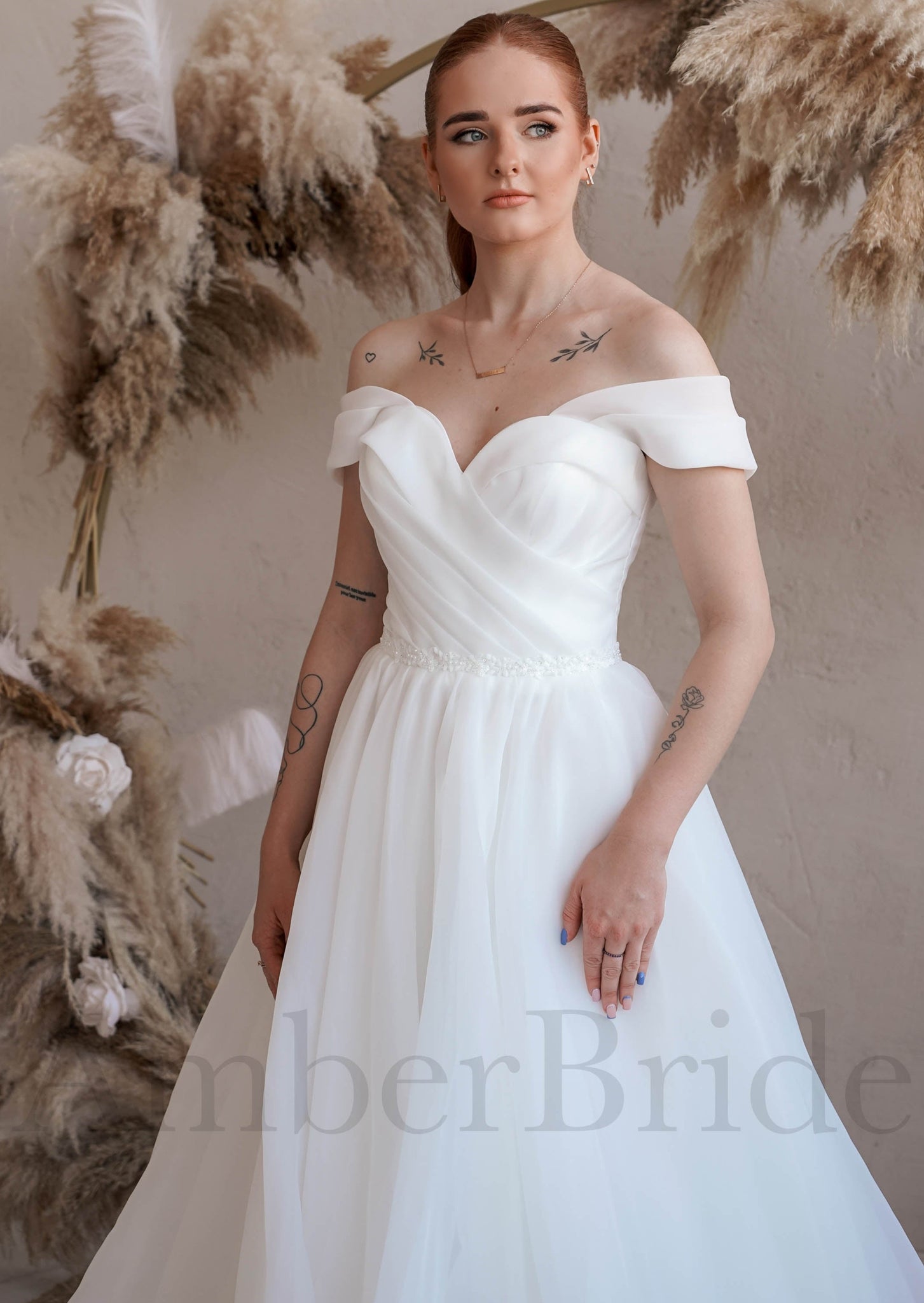 A Line Organza Wedding Dress with Off Shoulder Sweetheart Neckline