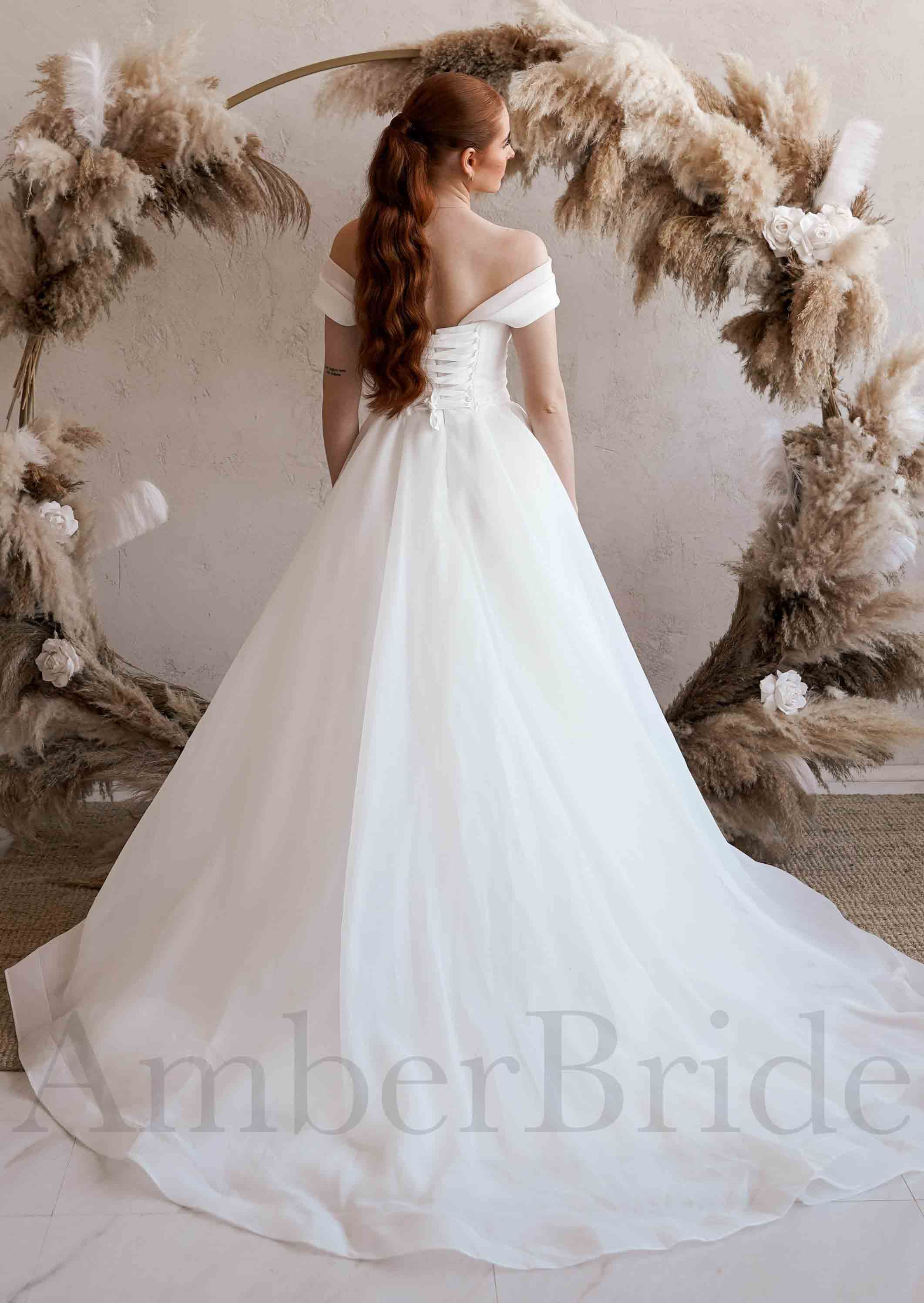 Boho A Line Off the Shoulder Organza Satin Slit Wedding Dresses main image 0