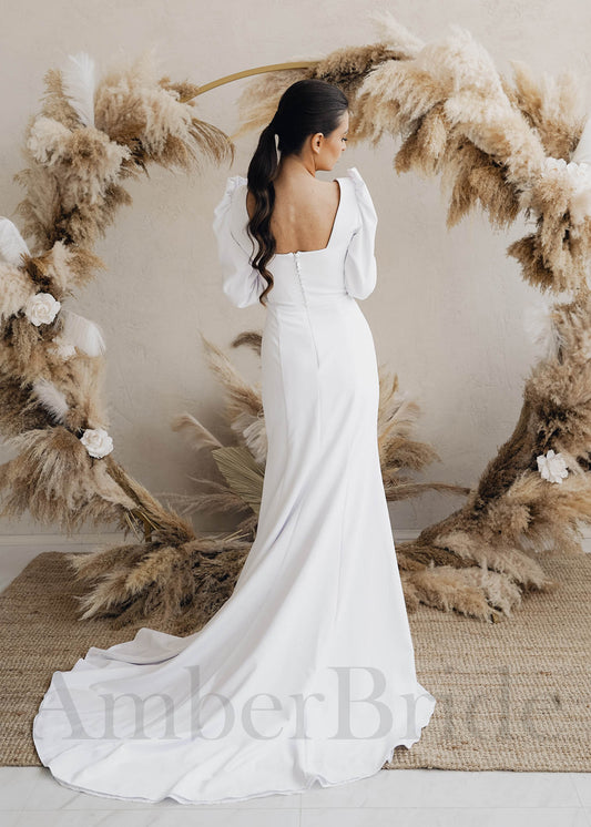 Simple Mermaid Satin Wedding Dress with Long Puffy Sleeve