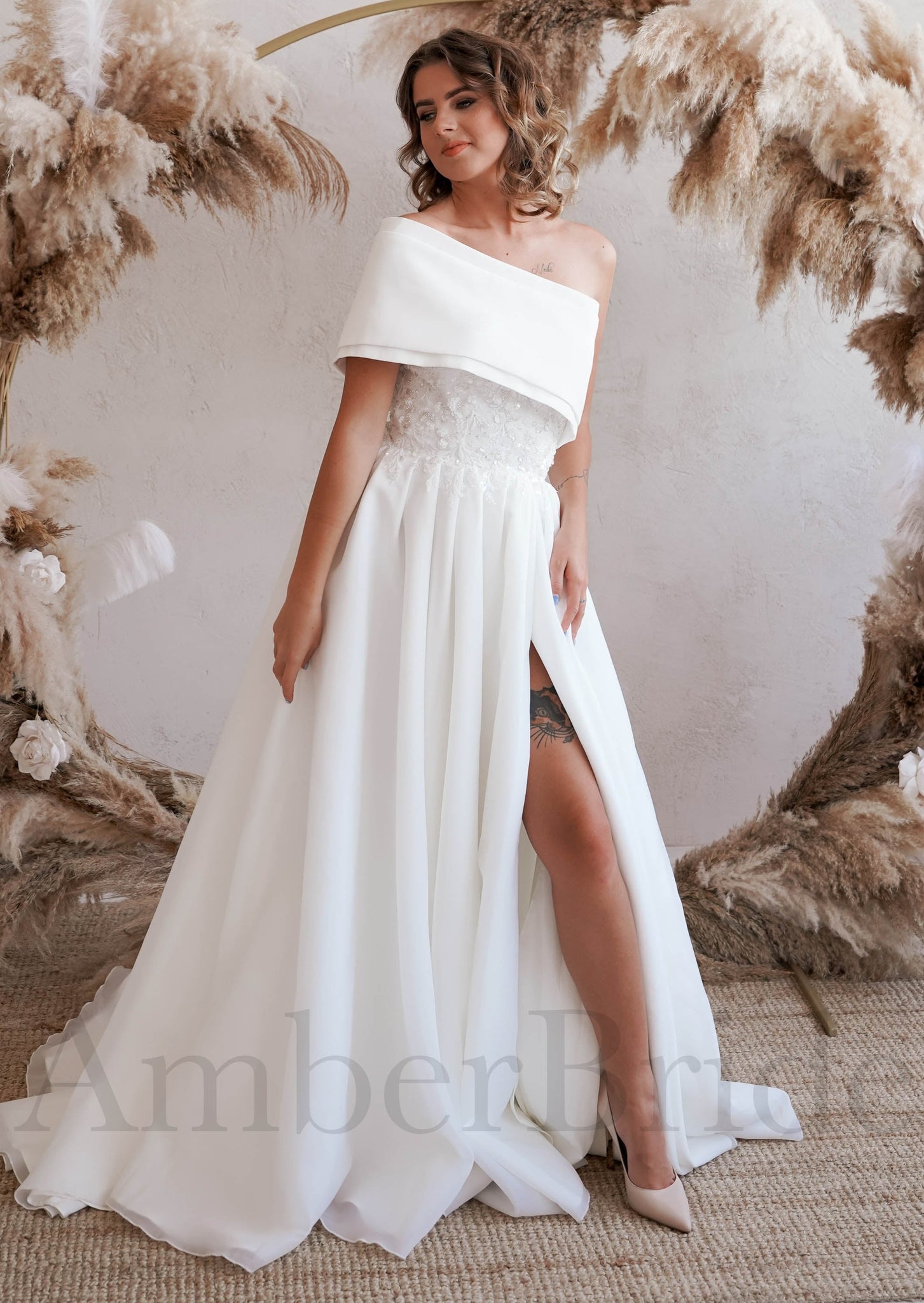 Unique Two Piece A Line Dress with One Shoulder Strapless Look and Bow Back Detail