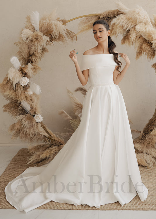 Simple A-Line Satin Wedding Dress with Off Shoulder Design and Corset