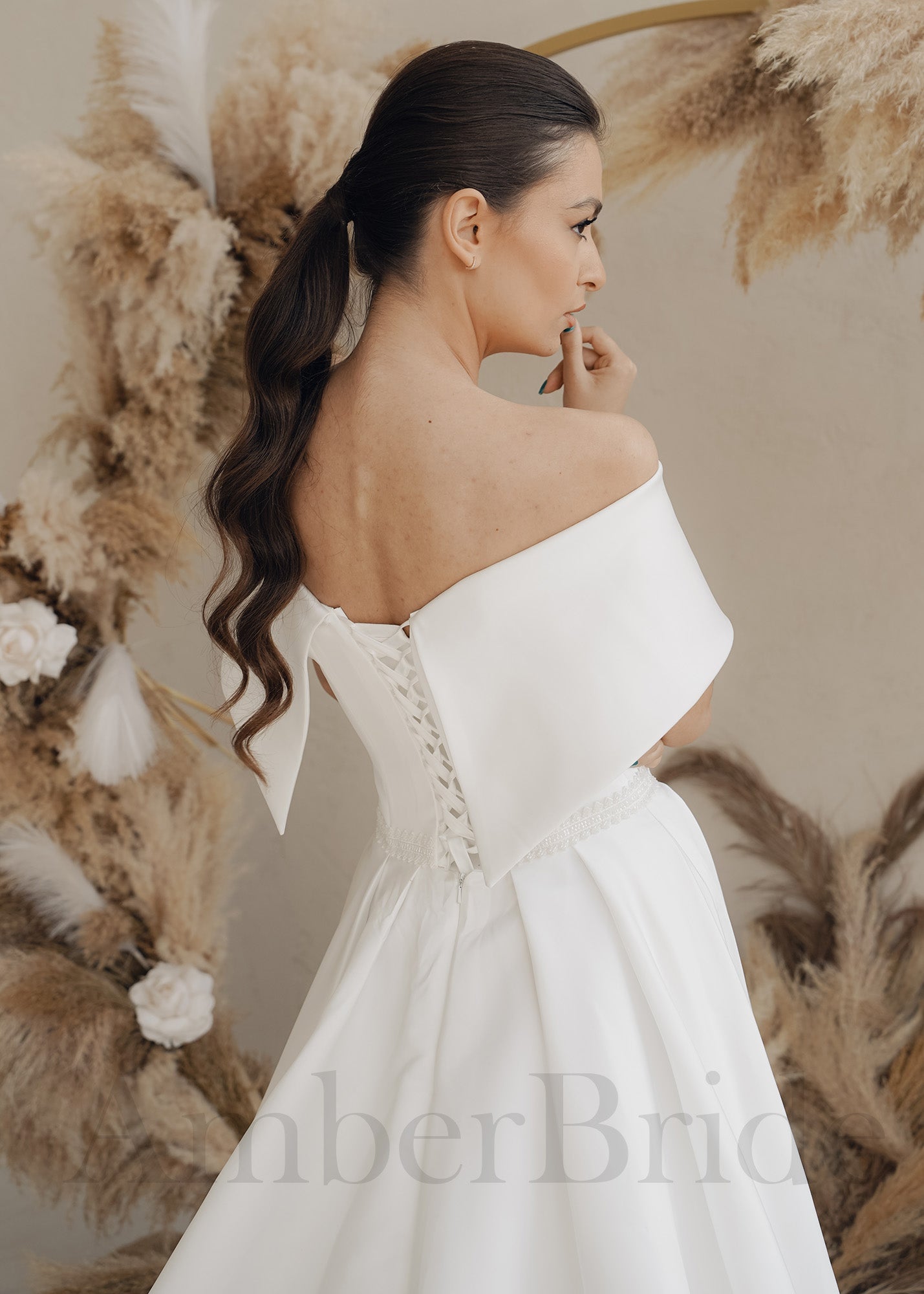 Simple A-Line Satin Wedding Dress with Off Shoulder Design and Corset