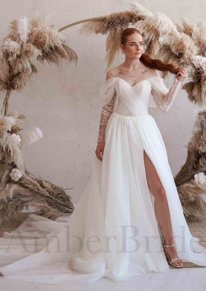 Exclusive Off Shoulder Tulle Wedding Dress with Polka Dot and Long Sleeves