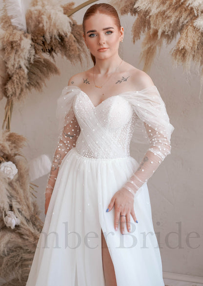 Exclusive Off Shoulder Tulle Wedding Dress with Polka Dot and Long Sleeves