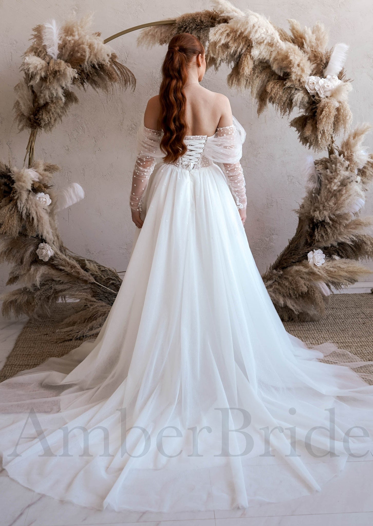 Exclusive Off Shoulder Tulle Wedding Dress with Polka Dot and Long Sleeves