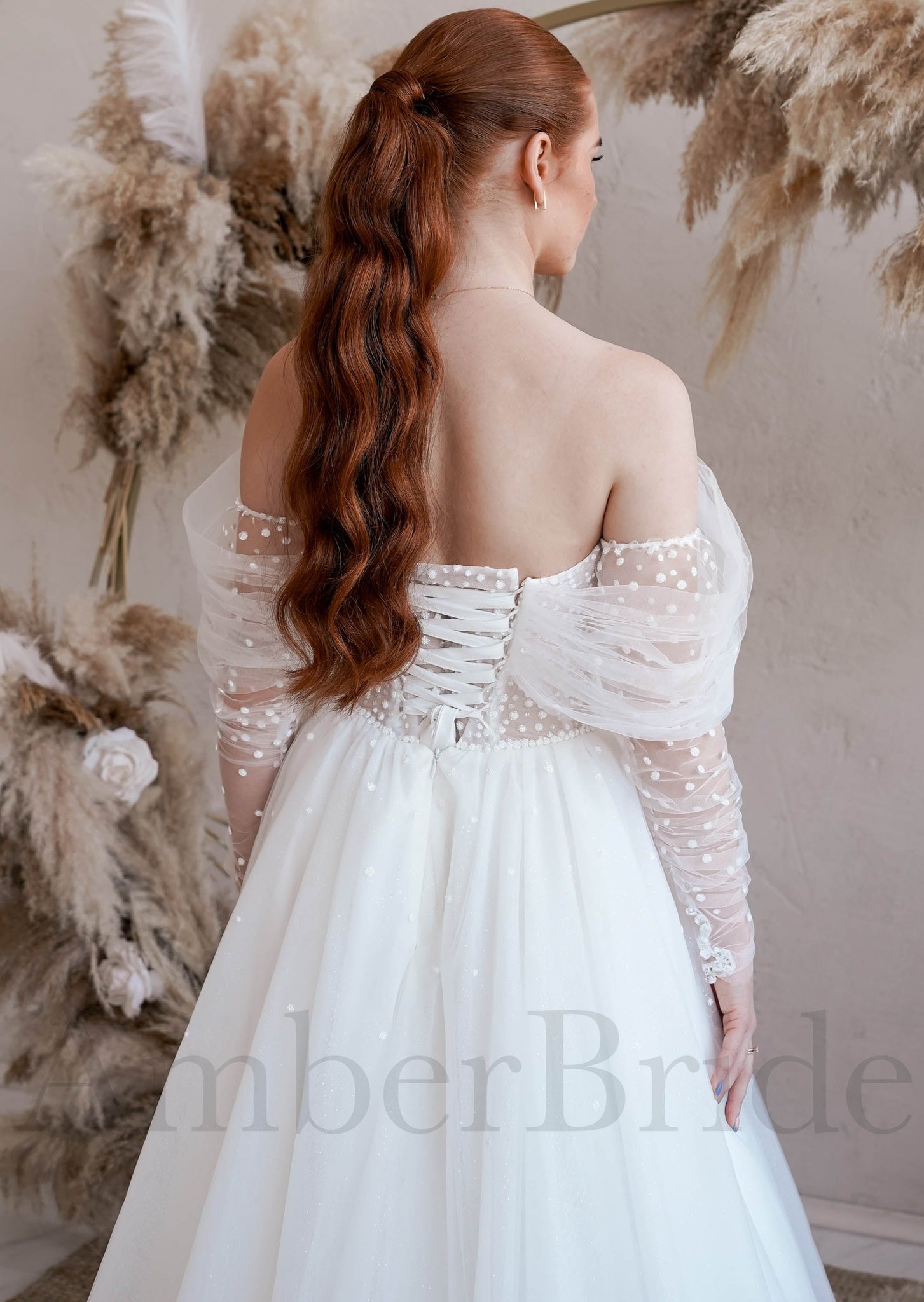 Exclusive Off Shoulder Tulle Wedding Dress with Polka Dot and Long Sleeves