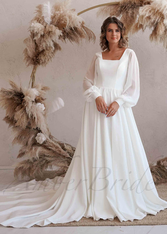 Simple A Line Chiffon Wedding Dress with Square Neck and Puffy Sleeves