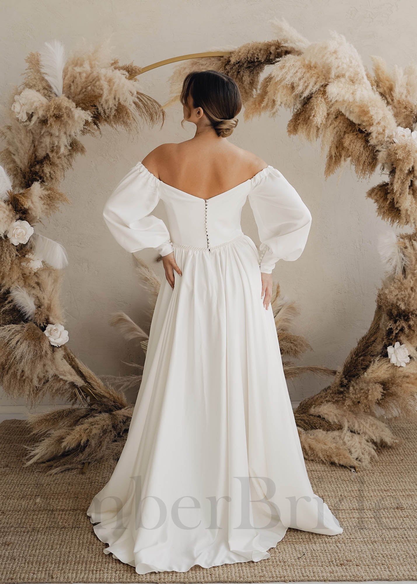 Boho A-Line Mikado Wedding Dress with Off Shoulder Long Puffy Sleeves