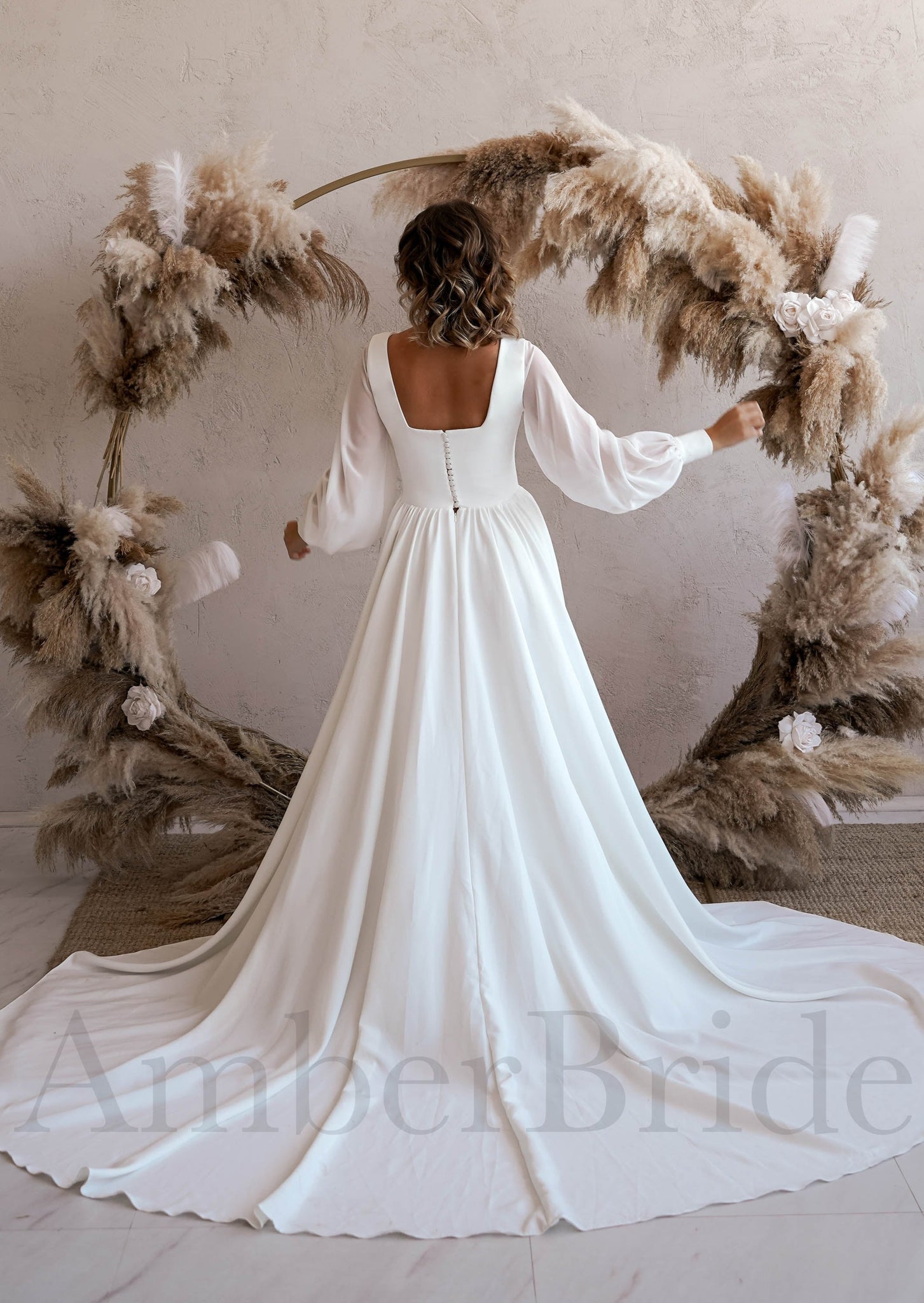 Simple A Line Chiffon Wedding Dress with Square Neck and Puffy Sleeves