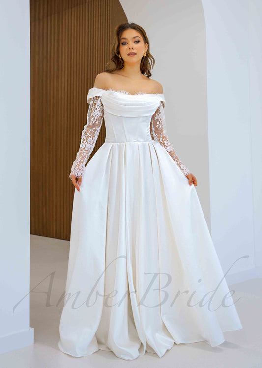 Whimsical A Line Satin Wedding Dress with Long Lace Sleeve