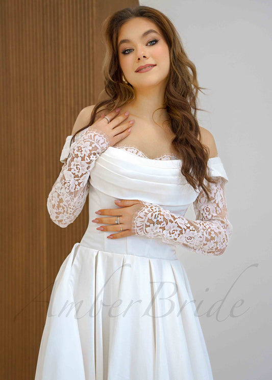 Whimsical A Line Satin Wedding Dress with Long Lace Sleeve