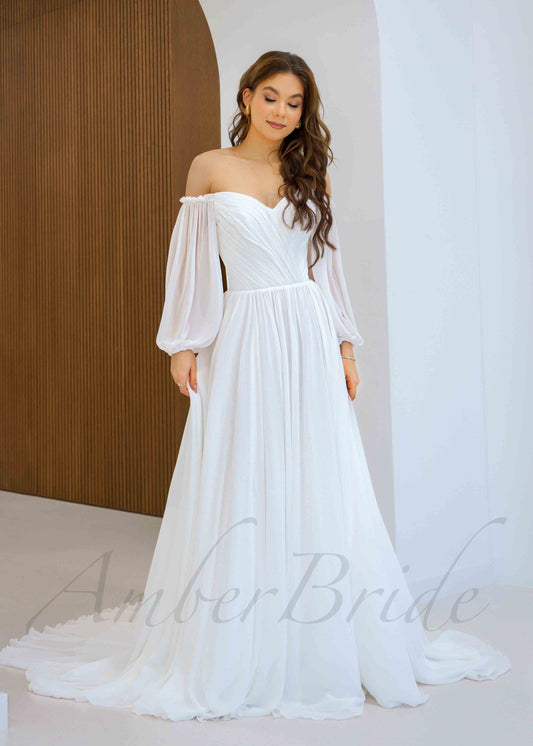 Elegant A Line Wedding Dress with Folder Chiffon Bodice and Flowy Long Train