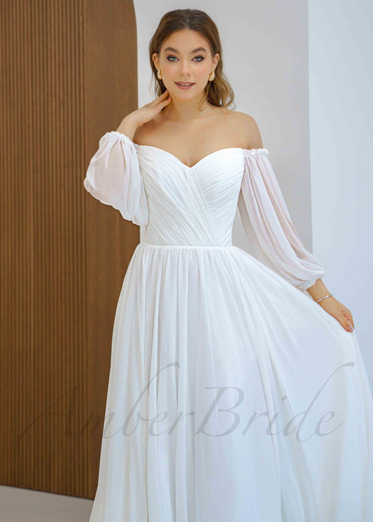 Elegant A Line Wedding Dress with Folder Chiffon Bodice and Flowy Long Train