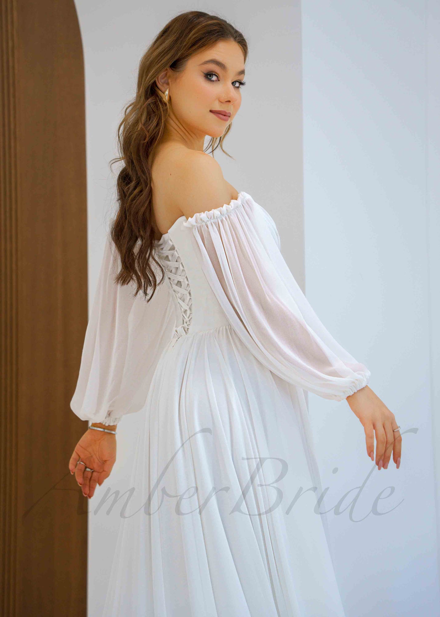 Elegant A Line Wedding Dress with Folder Chiffon Bodice and Flowy Long Train