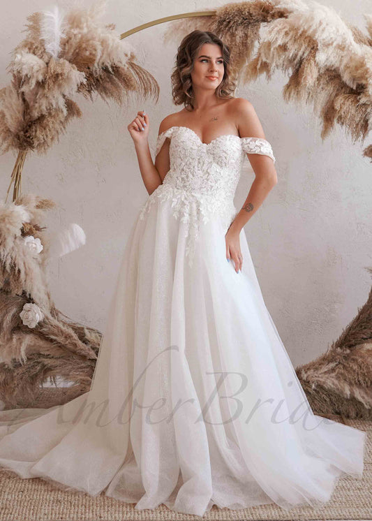 Exclusive Off Shoulder Glittery Wedding Dress with Floral Design and Corset