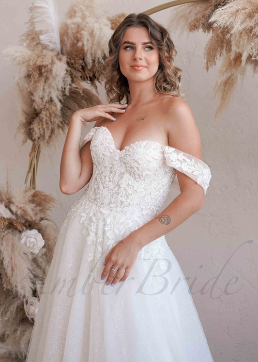 Exclusive Off Shoulder Glittery Wedding Dress with Floral Design and Corset