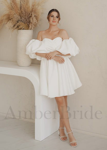 Classy Knee Length Satin Dress with Off Shoulder Puffed Sleeves and Corset