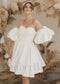 Classy Knee Length Satin Dress with Off Shoulder Puffed Sleeves and Corset
