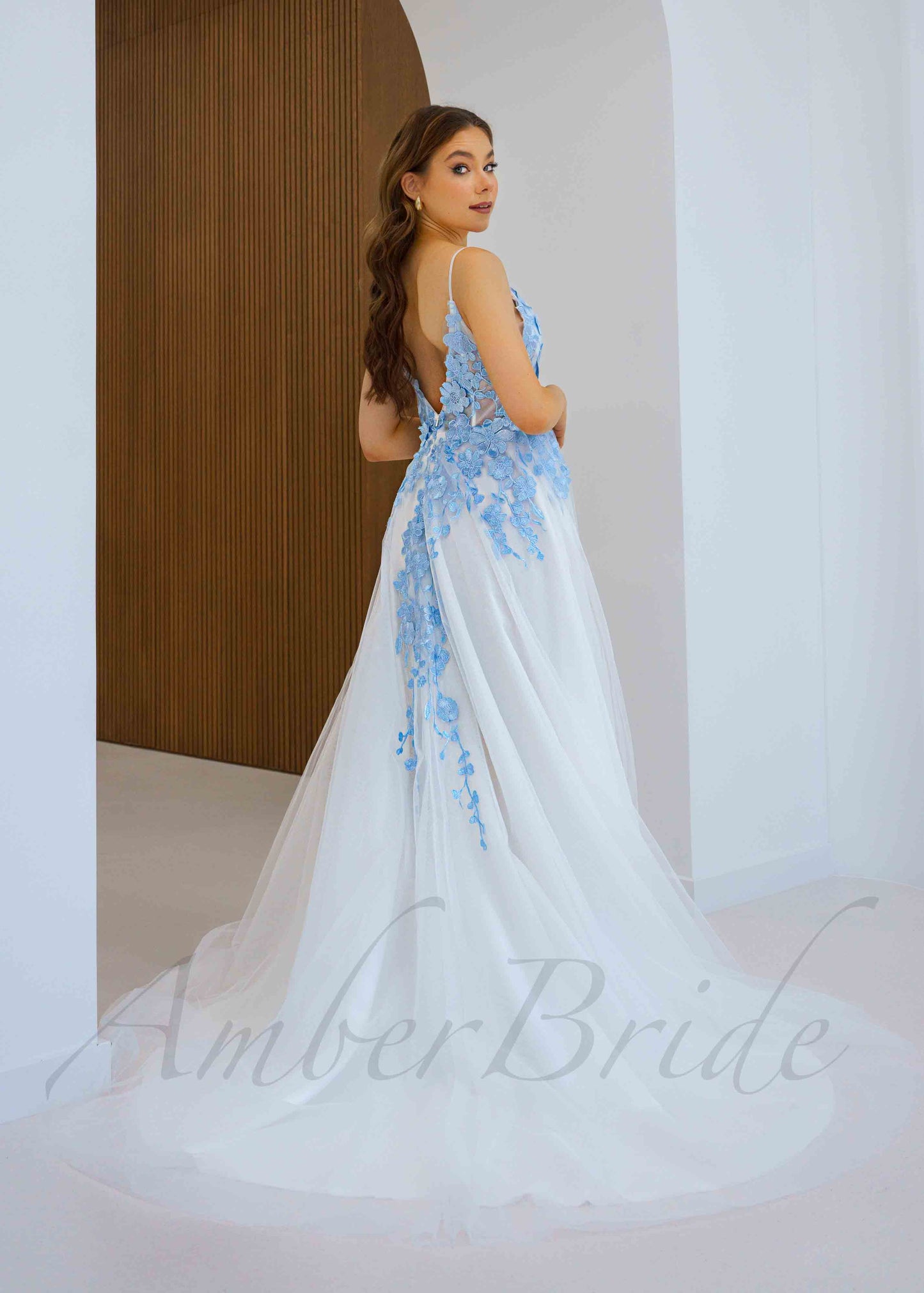 Sky Blue Floral Tulle Wedding Dress with Spaghetti Straps and Open Bac