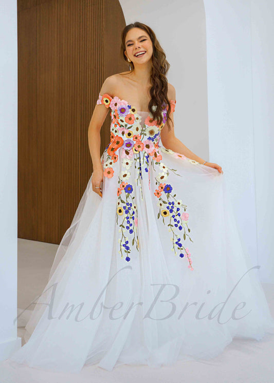 Colorful Floral A Line Wedding Dress with Off Shoulder