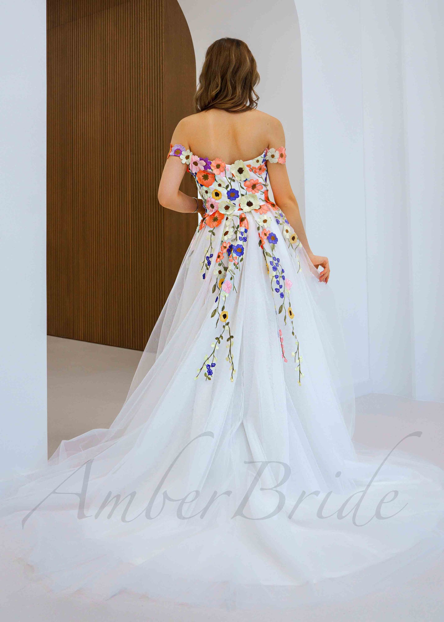 Colorful Floral A Line Wedding Dress with Off Shoulder