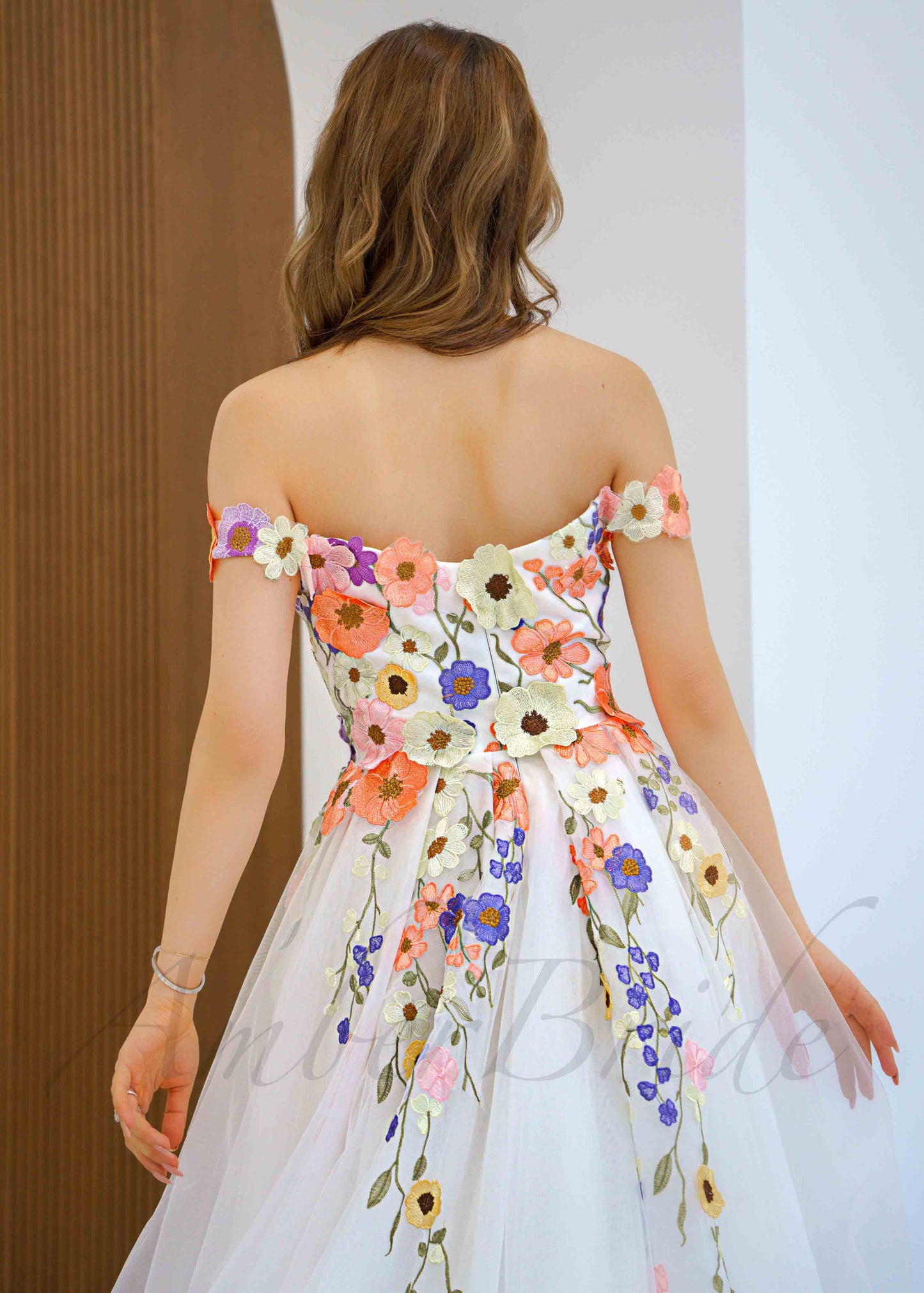 Colorful Floral A Line Wedding Dress with Off Shoulder