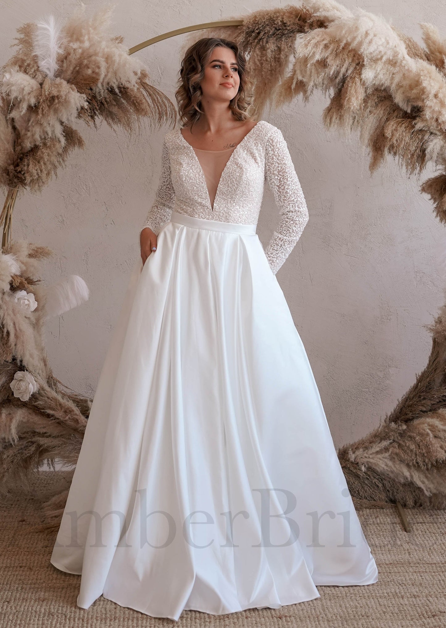 Exclusive A-Line Wedding Dress with Long Sleeve, Deep V-Neck and V-Back