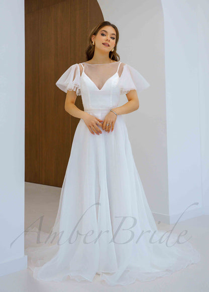 Simple A Line Tulle Wedding Dress with Flutter Sleeve and Spaghetti Straps