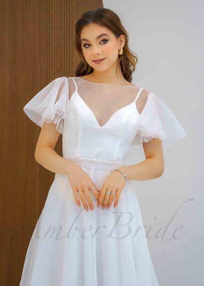 Simple A Line Tulle Wedding Dress with Flutter Sleeve and Spaghetti Straps