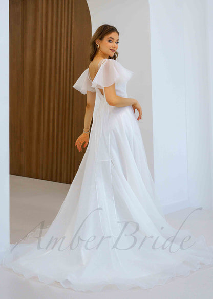 Simple A Line Tulle Wedding Dress with Flutter Sleeve and Spaghetti Straps