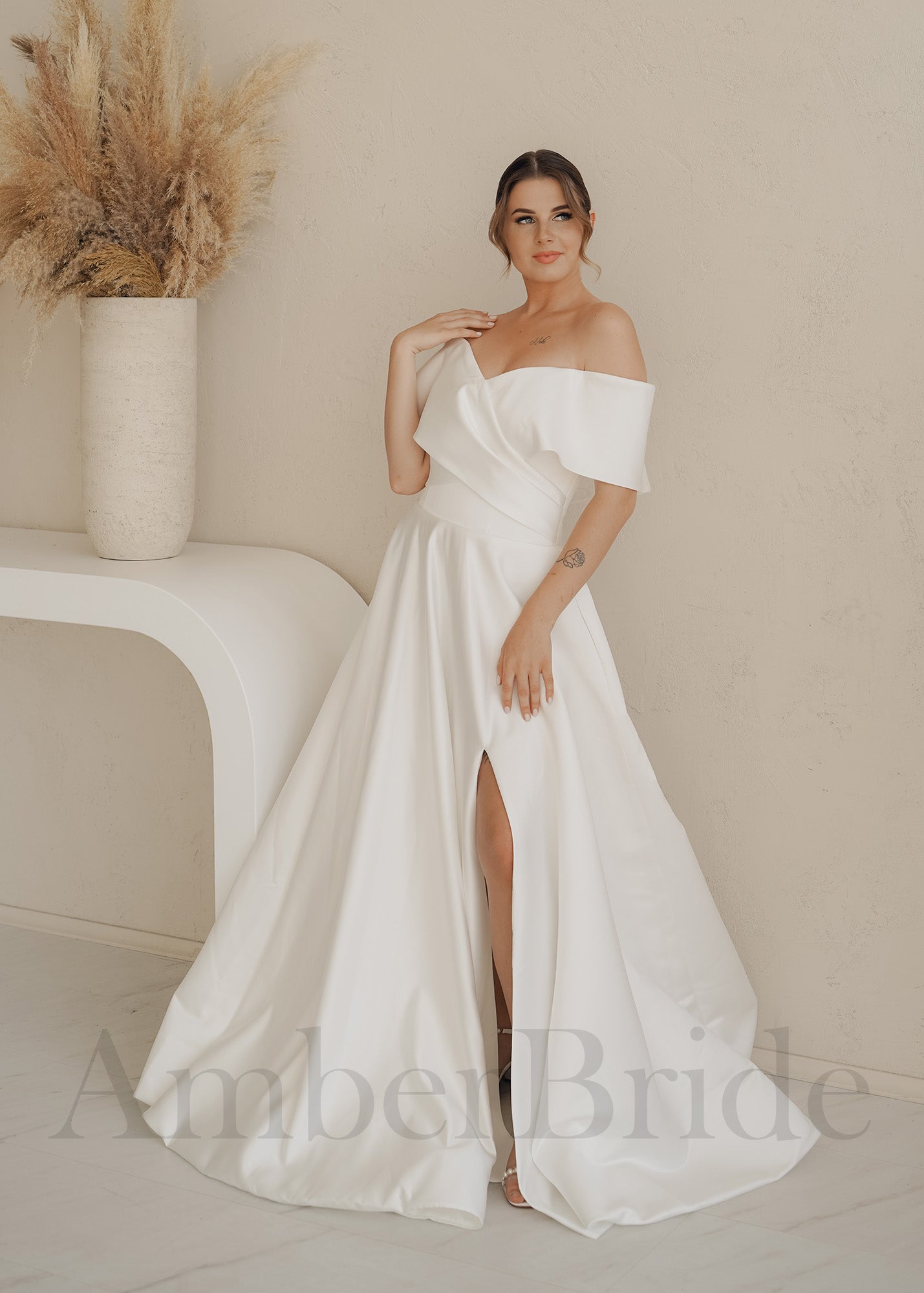 Simple A Line Satin Wedding Dress with Off Shoulder Design and Slit
