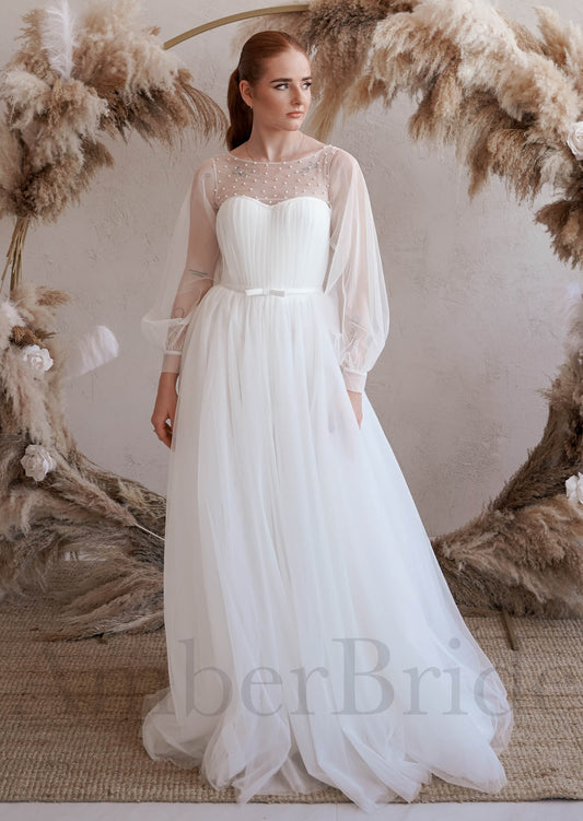Boho A Line Wedding Dress with Long Puffy Sleeves and Artificial Pearls